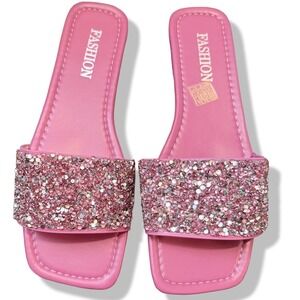 NIB Fashion Women 9.5 Glitter Slide Sandals Pink Rhinestone Flat Slip On Shoes